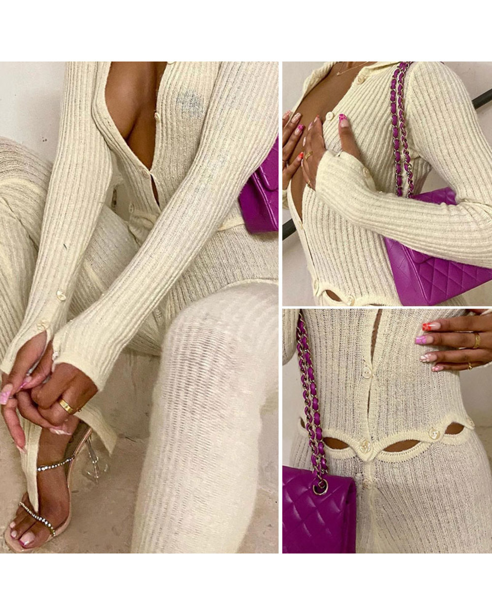 Tossy Skinny Two Piece Set Women Knit V-Neck Long Sleeve Top And Pants Female Jumpsuits 2 Piece Outfits Sexy Femme Match front-2