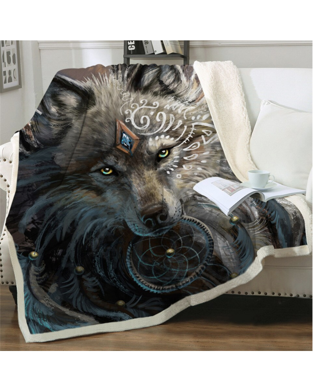 Wolf Warrior by SunimaArt Beds Blanket Soft Sherpa Fleece Blanket Plush Bedclothes Wolf Dreamcatcher Throw Blanket front-0
