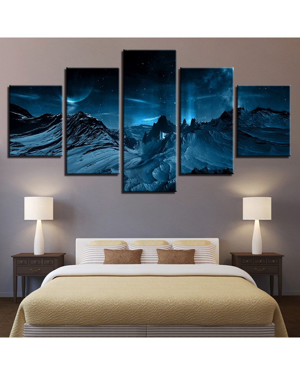 Starry Sky Moon Mountain Picture Nature 5 Panel Canvas Art Wall Decor front-0