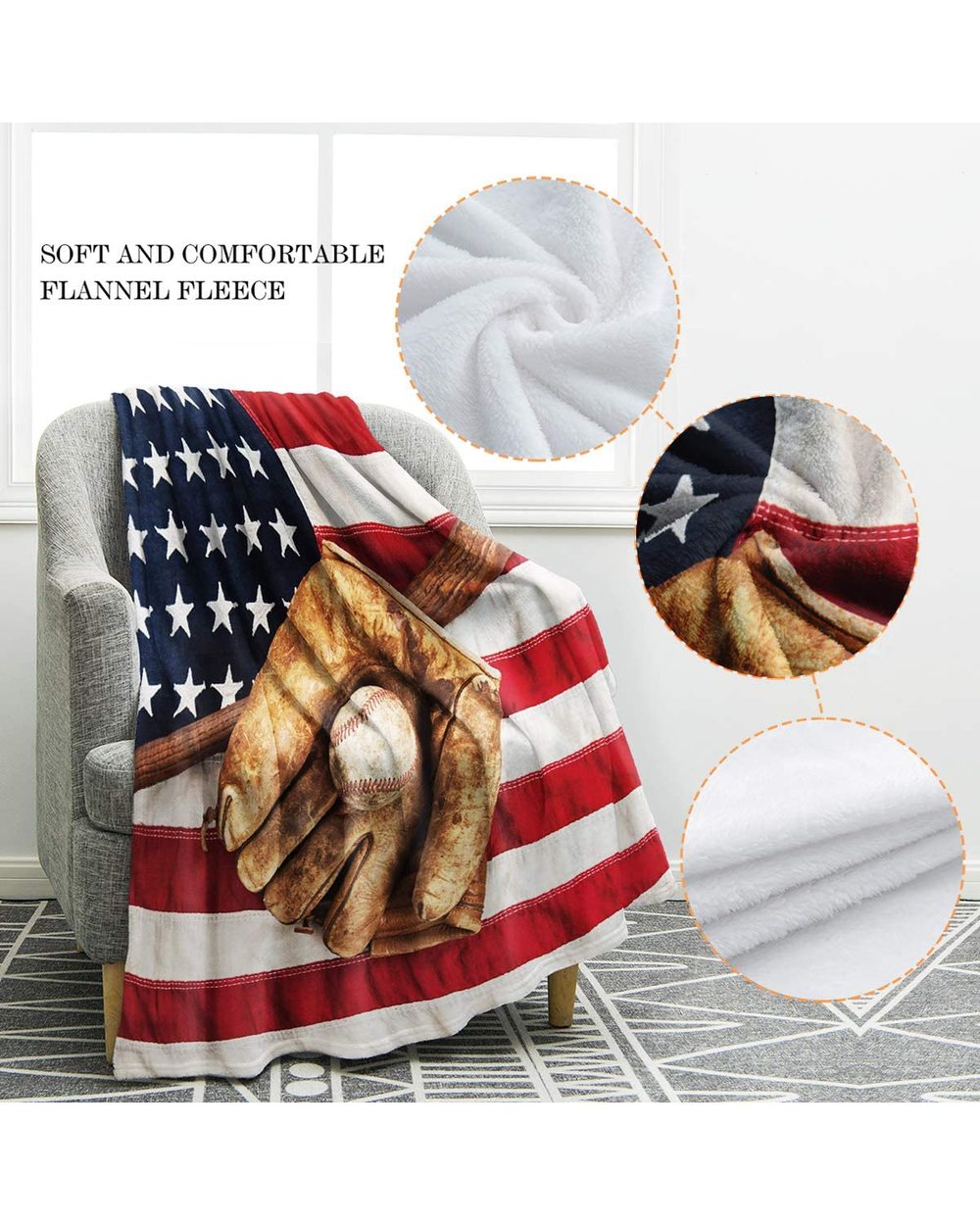 Vintage Baseball Sport American Flag Soft Warm Print American Throw Blanket for Adults Gift front-2