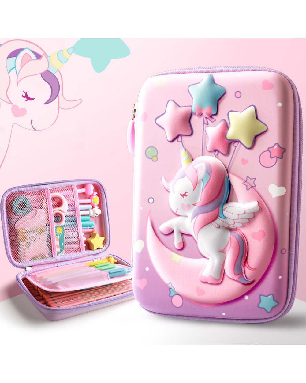 Creative 3D High Capacity Pencil Case Cute Storage Pen Box For Student Cartoon Unicorn Pen Bag Stationery Pouch School front-2
