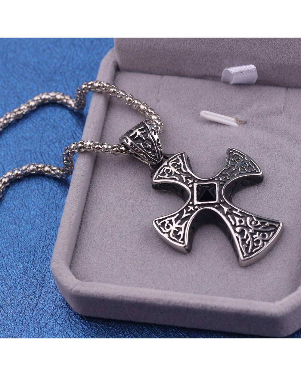 Retro Black Natural Stones Cross Charms Necklace front-1