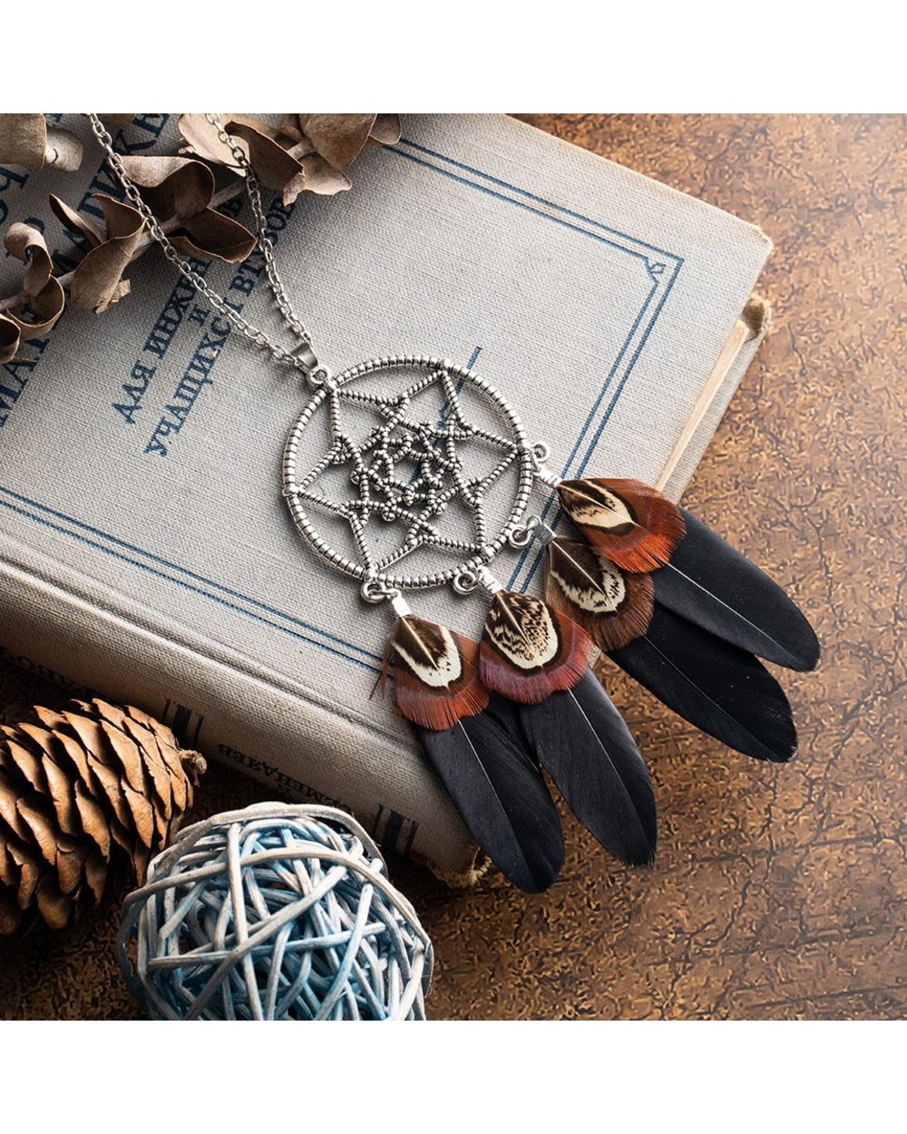 Native Feather Leather Chain Necklaces for Women Girls Vintage Dream Catcher Pendants Sweater Necklace Jewelry front-1
