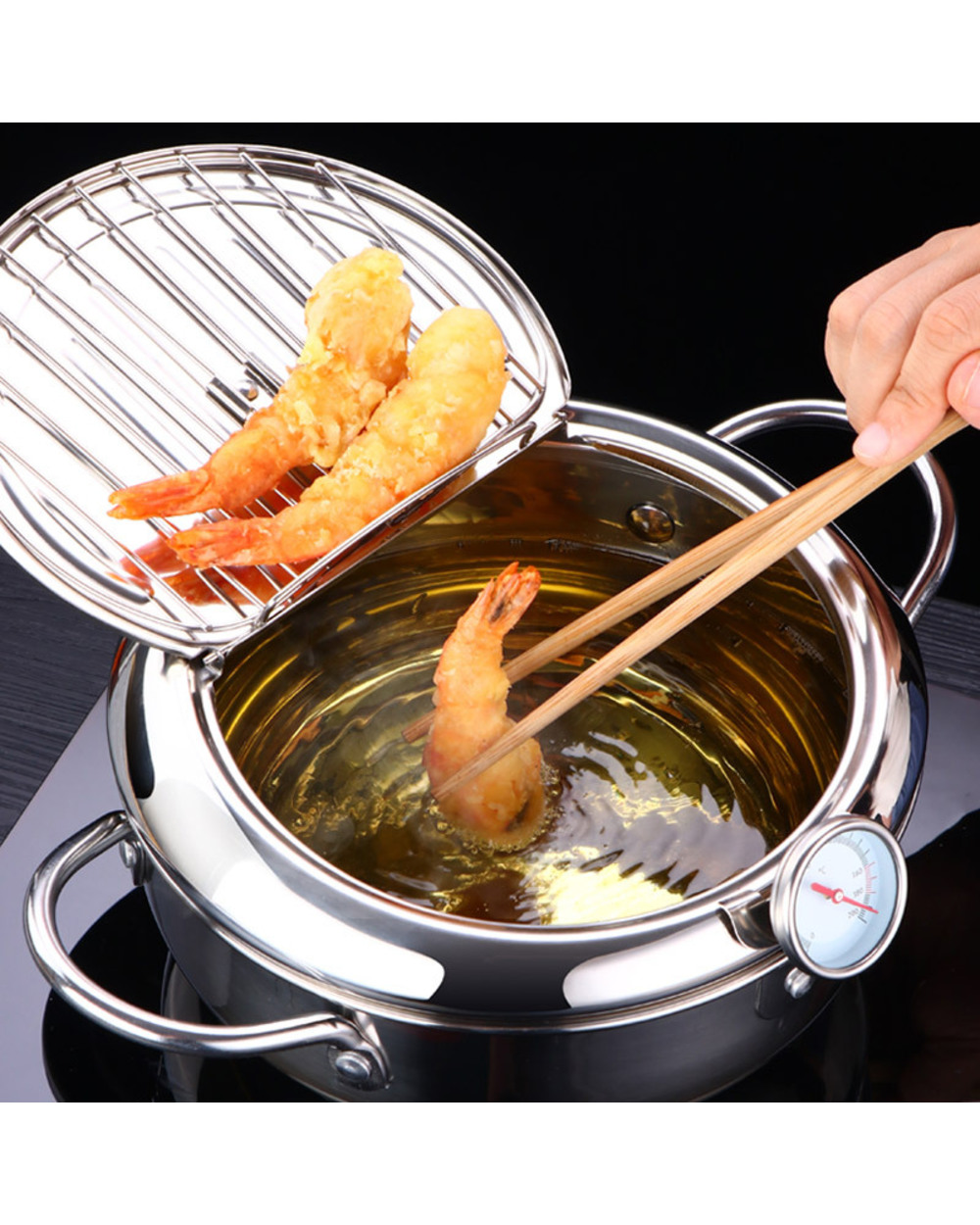 Japanese Deep Frying Pot With A Tometer And A Lid 304 Stainless Steel Kitchen Tempura Fryer Pan 20 24 Cm front-0