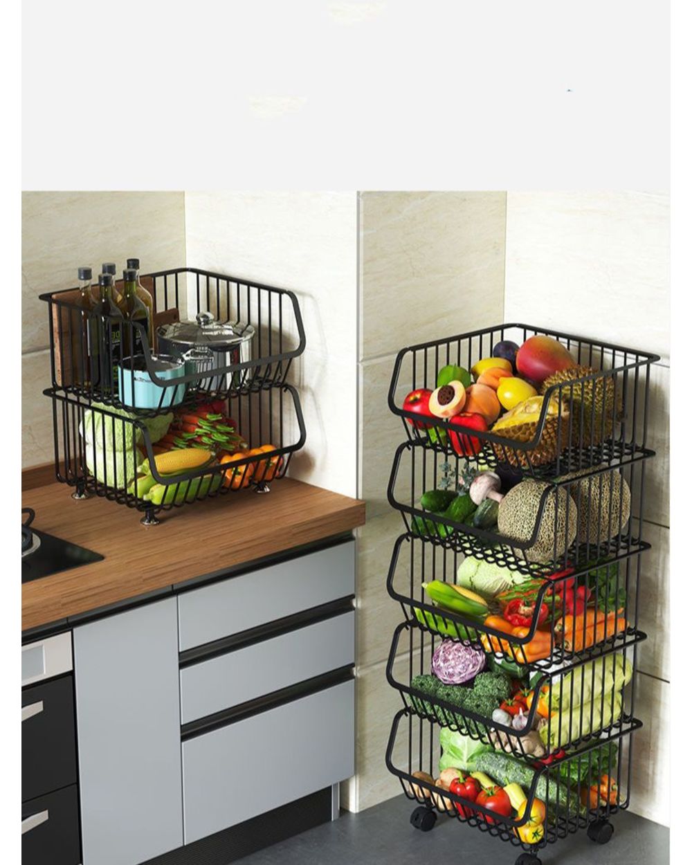 Kitchen Rolling Stackable Storage Organizer Metal Wire Basket front-3