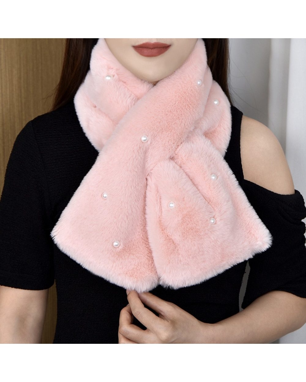 Korean Solid Double Sided Faux Rabbit Fur Thick Plush Shawl Female Winter Oudoor Windproof Pearl Cross Neck Guard Warm front-3