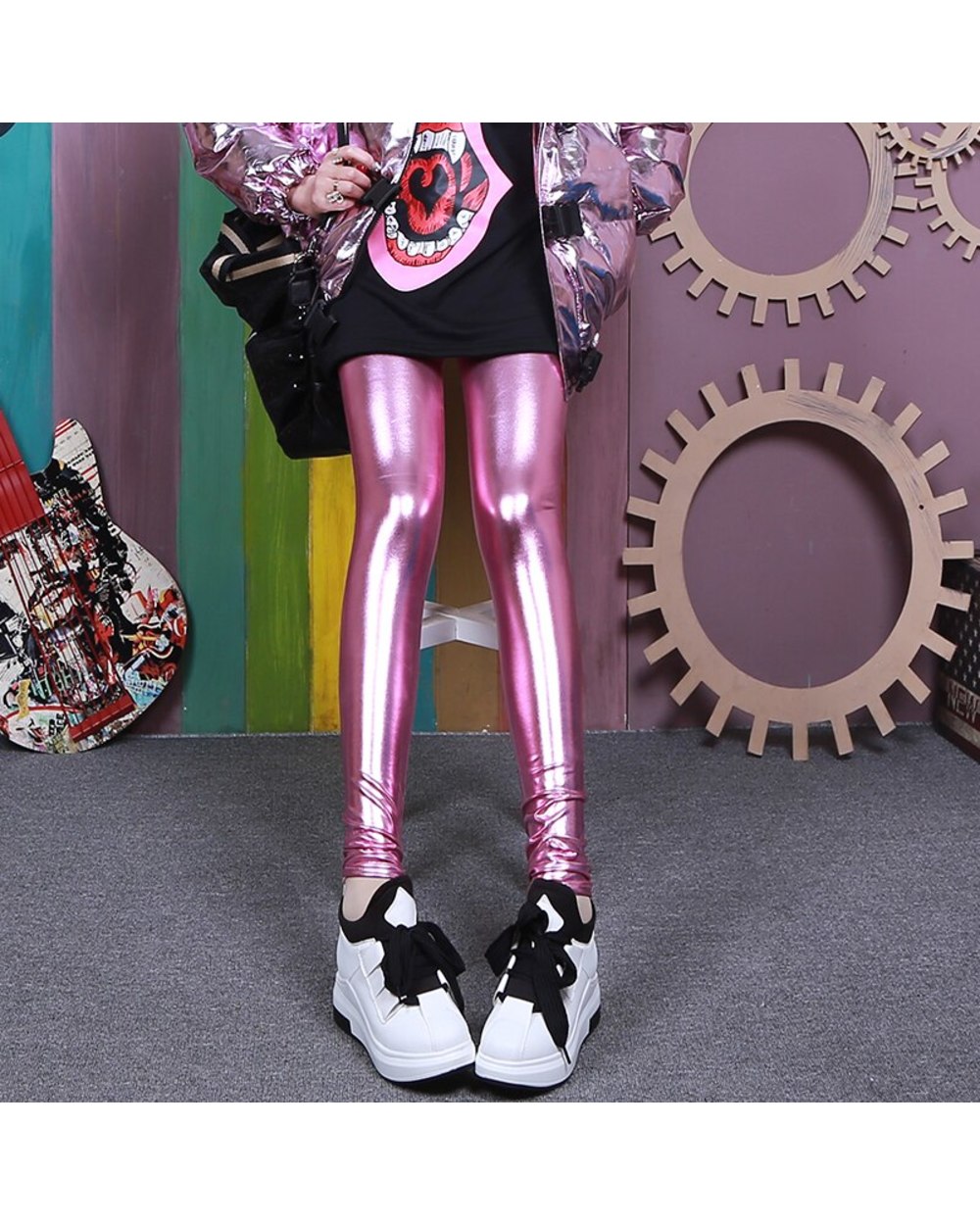 Ladies Silver Metallic Shiny Laser Leather Leggings Women Candy Colors Leggings Holographic Leggings front-2