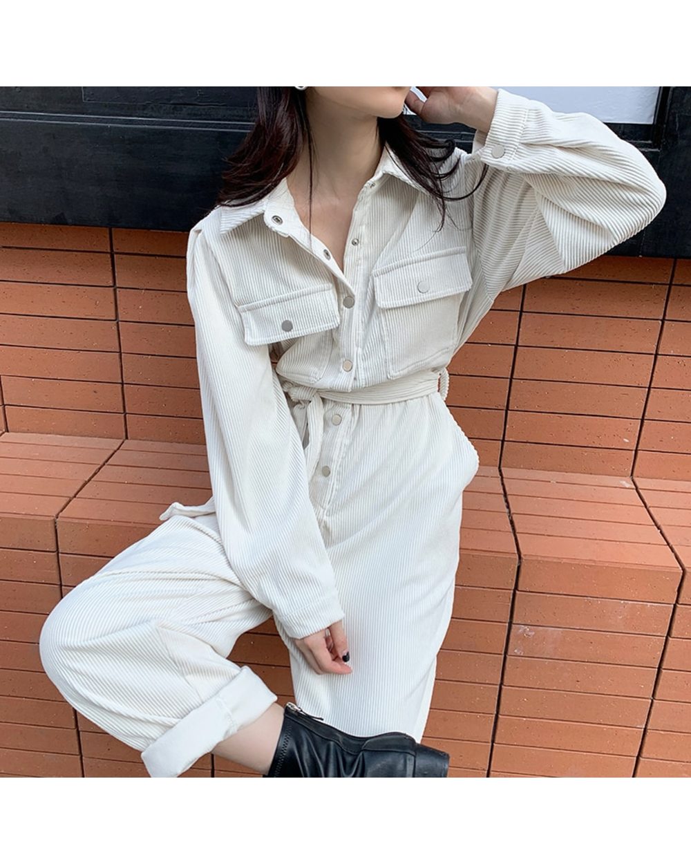 QOERLIN Corduroy Jumpsuit Belt Loose Overalls Lapel High Waist Casual Straight-Leg Pants Pocket Single-Breasted Romper W front-1