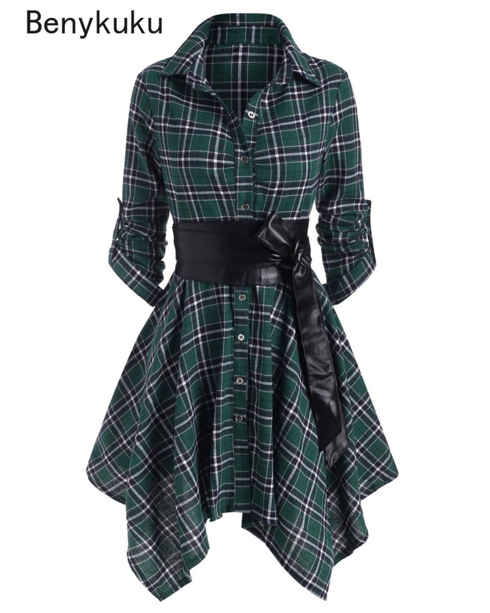 Casual Dress Red Plaid with Belt and Roll Tab Sleeve front-3