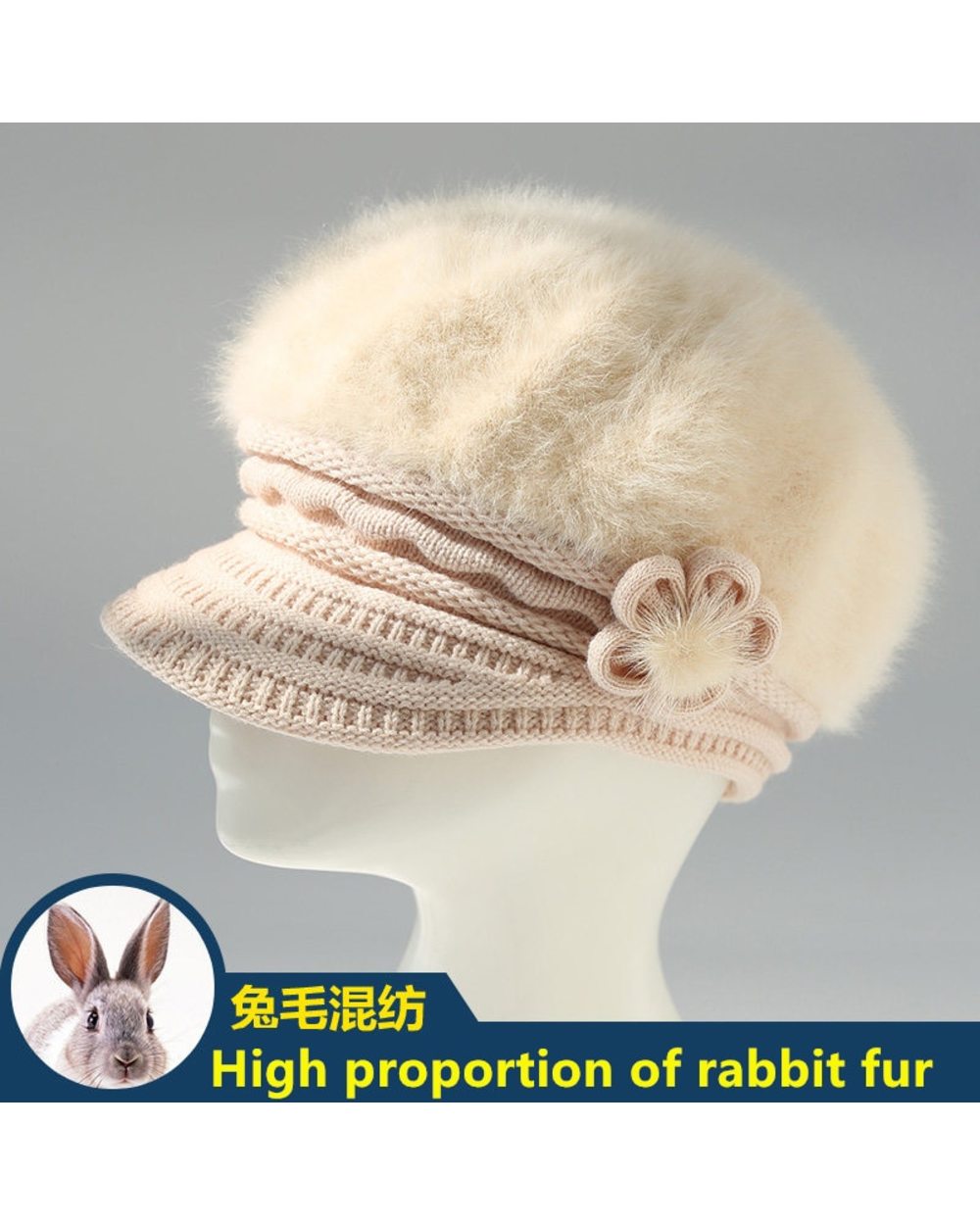 Winter Autumn Beret Hat For Women Wool Knitted Hat For Mom Rabbit Fur Beret Solid Fashion Lady Cap Fall Hat Female Cap front-3