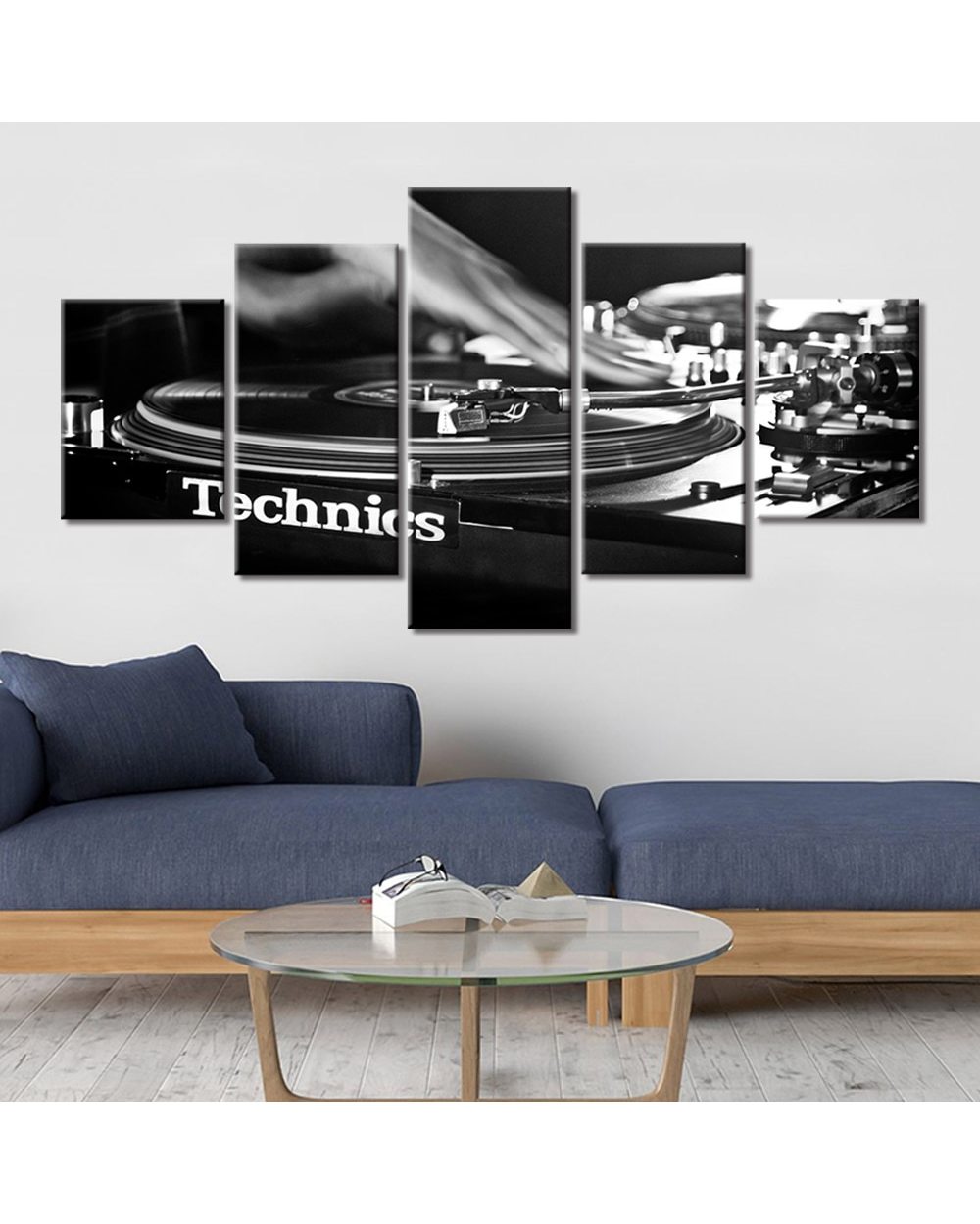 Picture Turntable Record Deck Black and White 5 Panel Canvas Art Wall Decor front-1