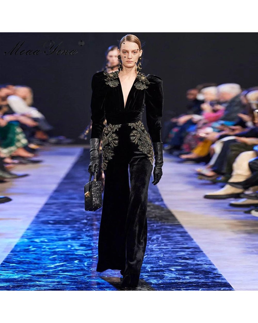 MoaaYina Spring Summer Designer Jumpsuits Women's V-neck Long sleeve Gold Line Embroidery Velvet Jumpsuits front-2