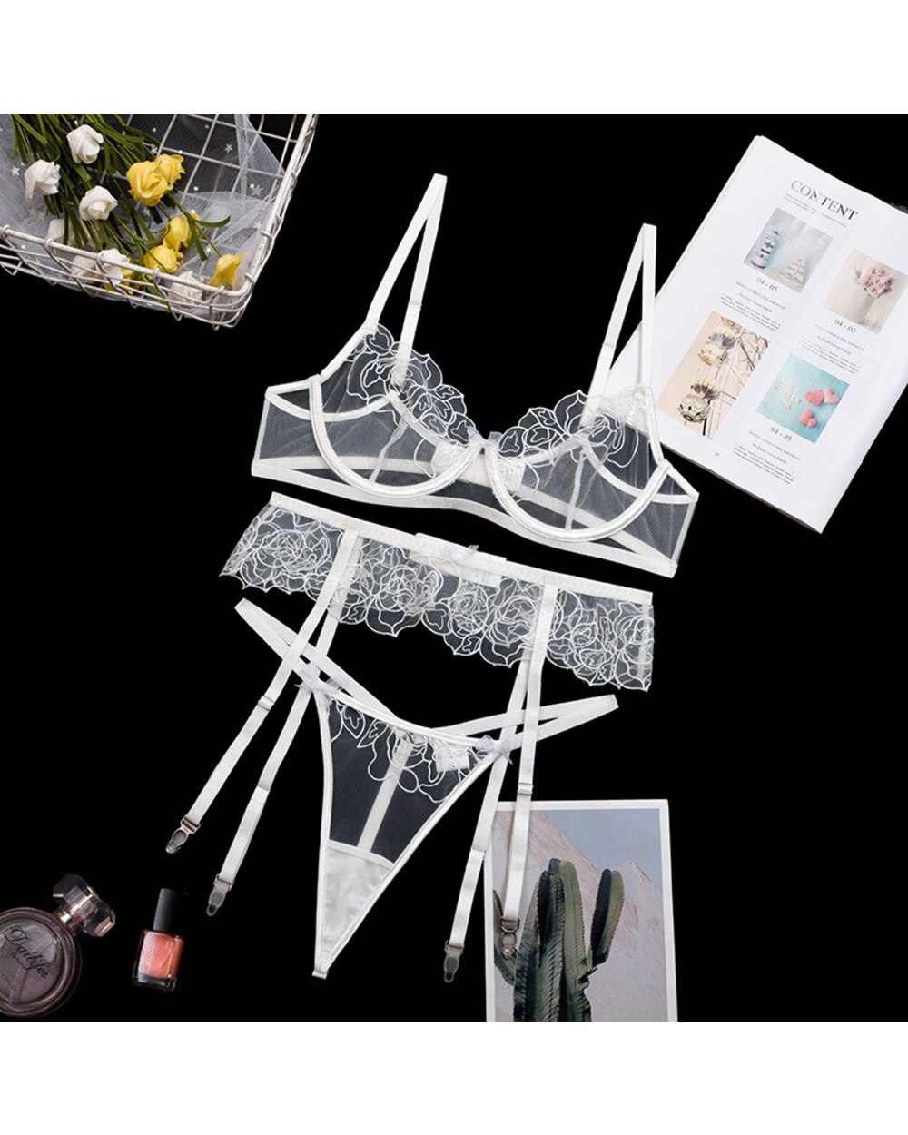 Lingerie Set Women Floral Lace Underwear See Through White Transparent Bra and T-back Thong Exotic Intimate front-5