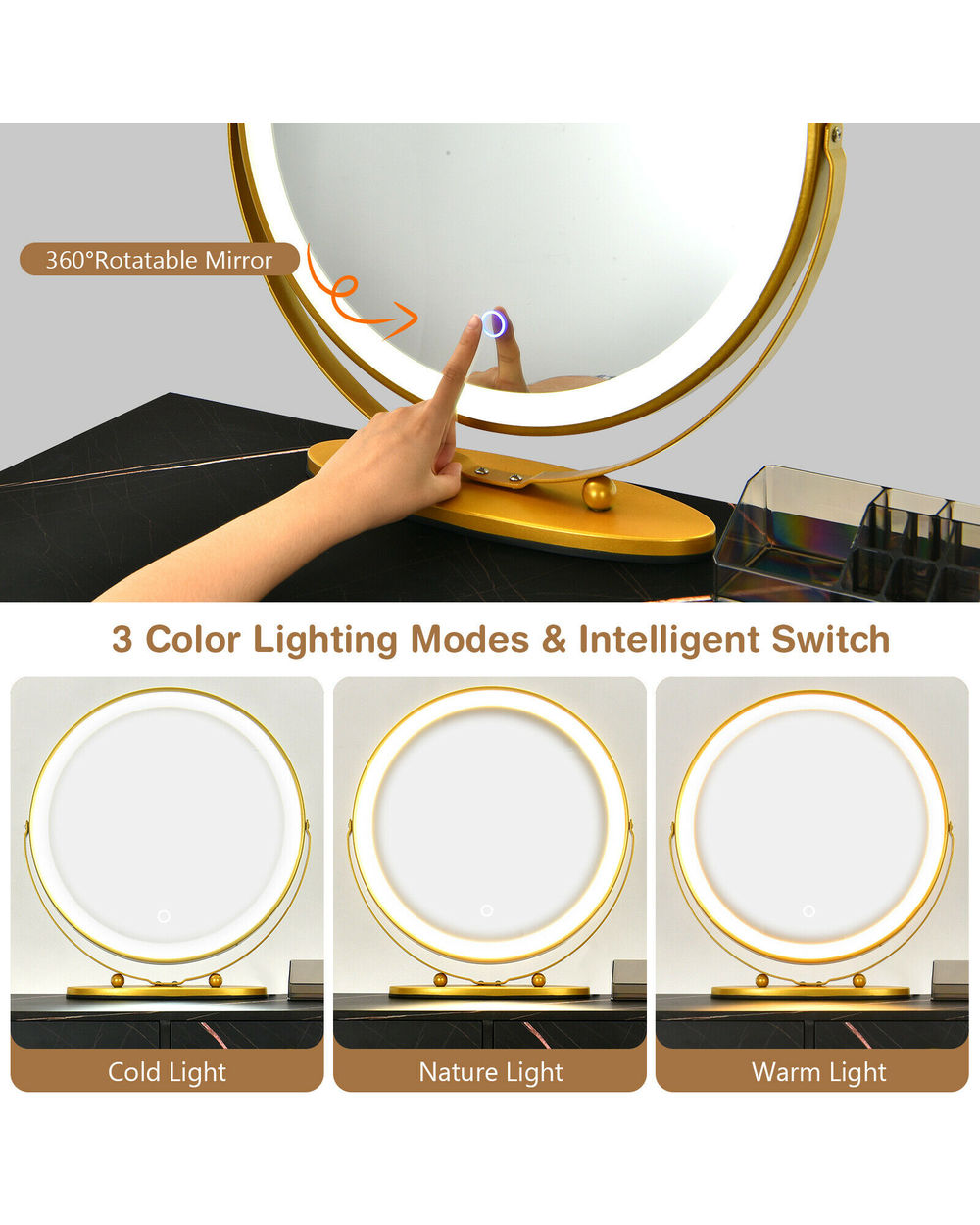 Vanity Table Stool Set Dimmer LED Mirror Large Storage Cabinet Drawer front-2