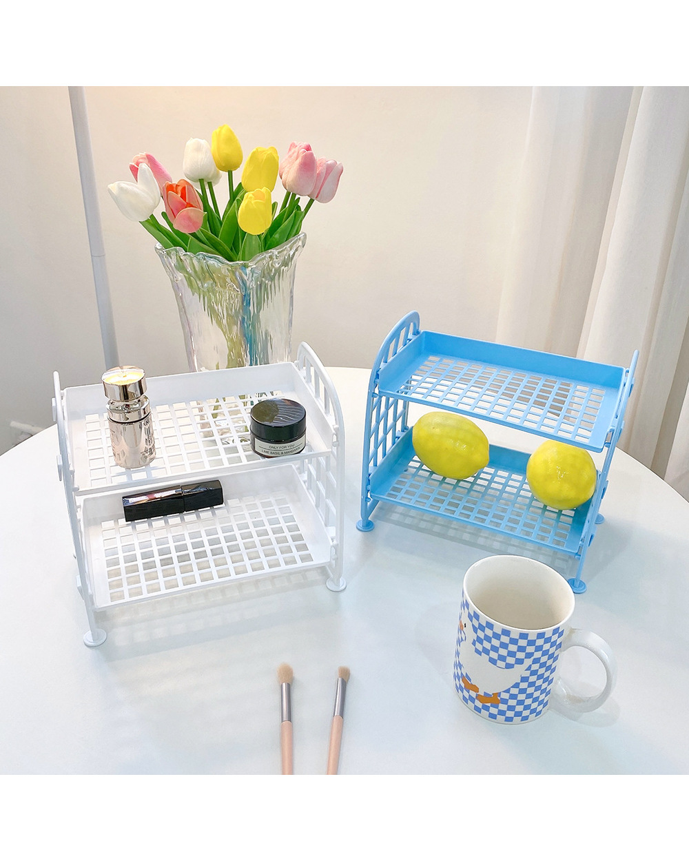 Macron Double Layer Shelf Desktop Organizer Stationary Storage Rack 2 Tier Shelf Holder Finishing Room Rack front-3