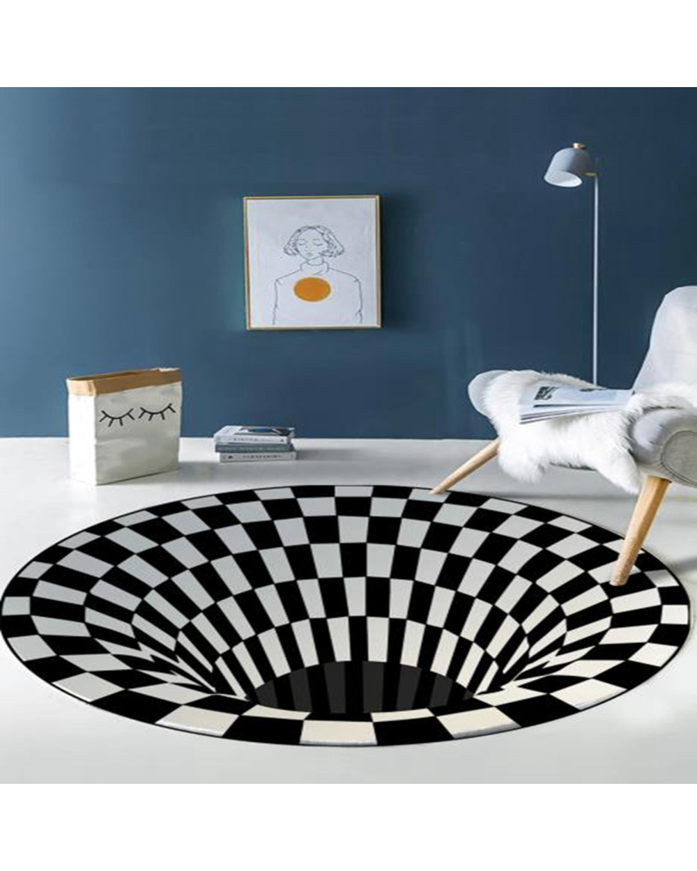 Vortex Illusion Rug 3D Trap Effect Bottomless Hole Carpet Round Black White Grid Room Bedroom Anti-Slip Floor Mats Fash front-1