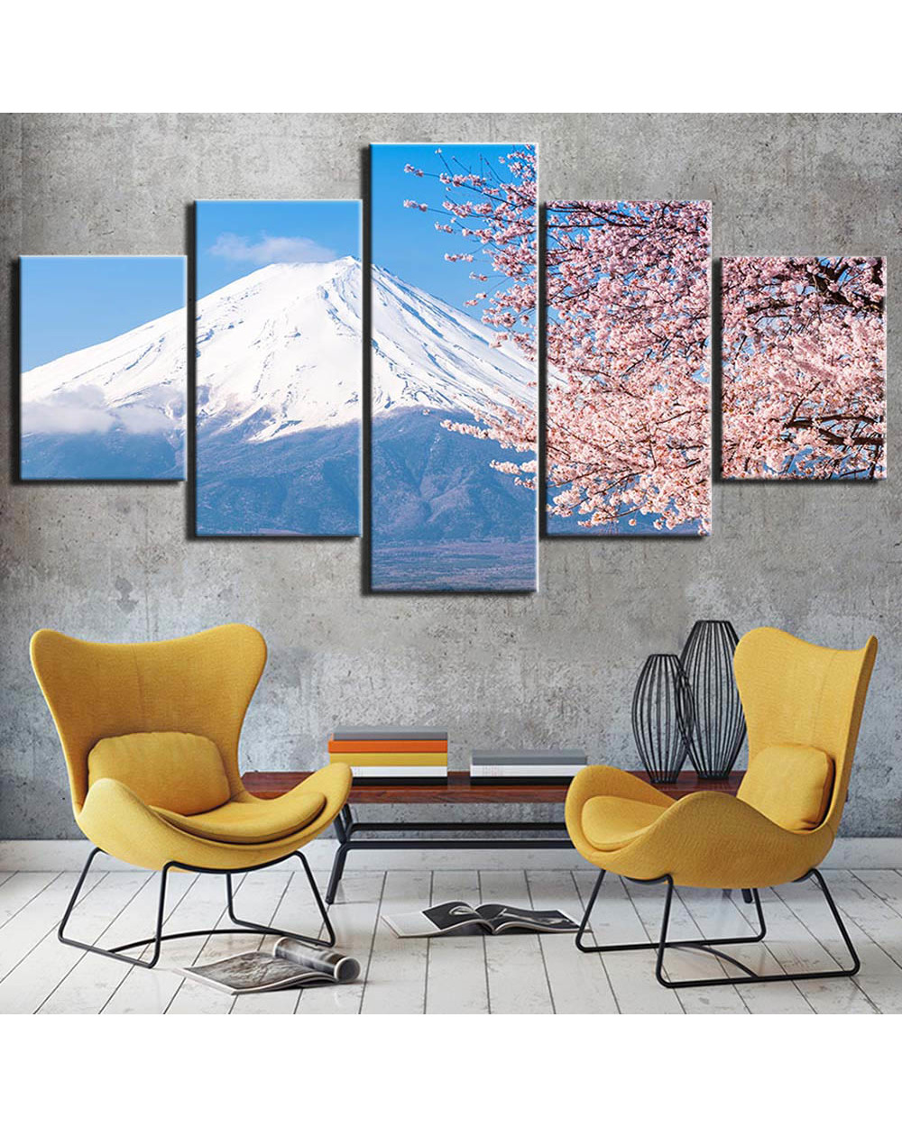Snow Mountain Landscape and Sakura Flower Picture Print Nature 5 Panel Canvas Art Wall Decor front-2
