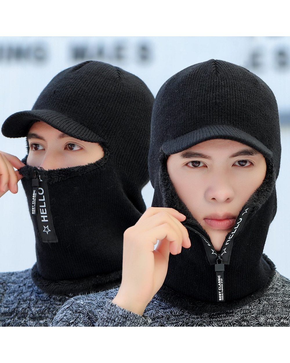 Winter Knitted Beanie Caps Outdoor Ski Full Face Hats Fur Lined Warm Brim Hats Men Skullies Ear Warm Balaclava Scarf Zi front-0