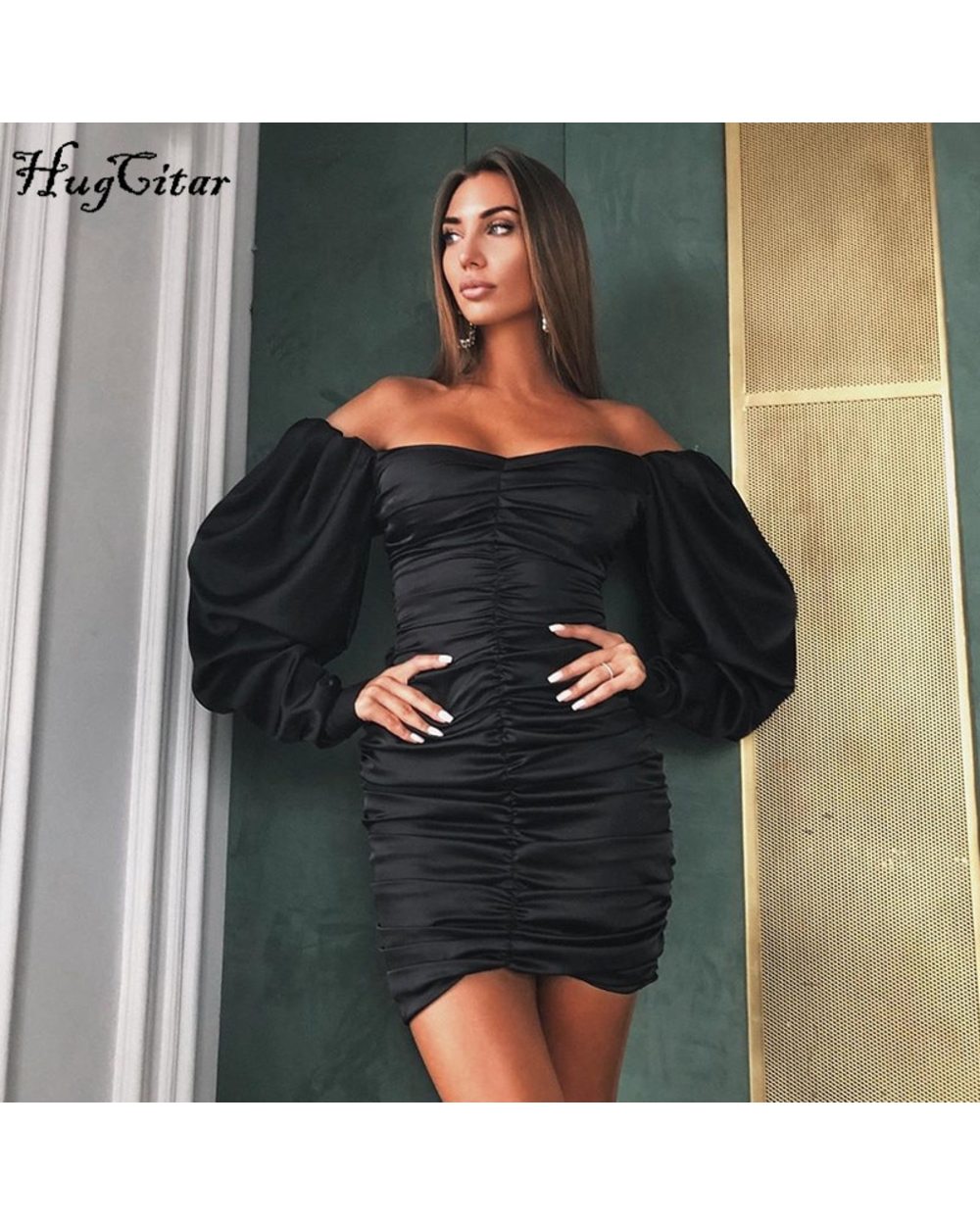 Long Puff Sleeve Slash Neck Satin Pleated Sexy Mini Dress Autumn Winter Women Party Elegant Streetwear front-1