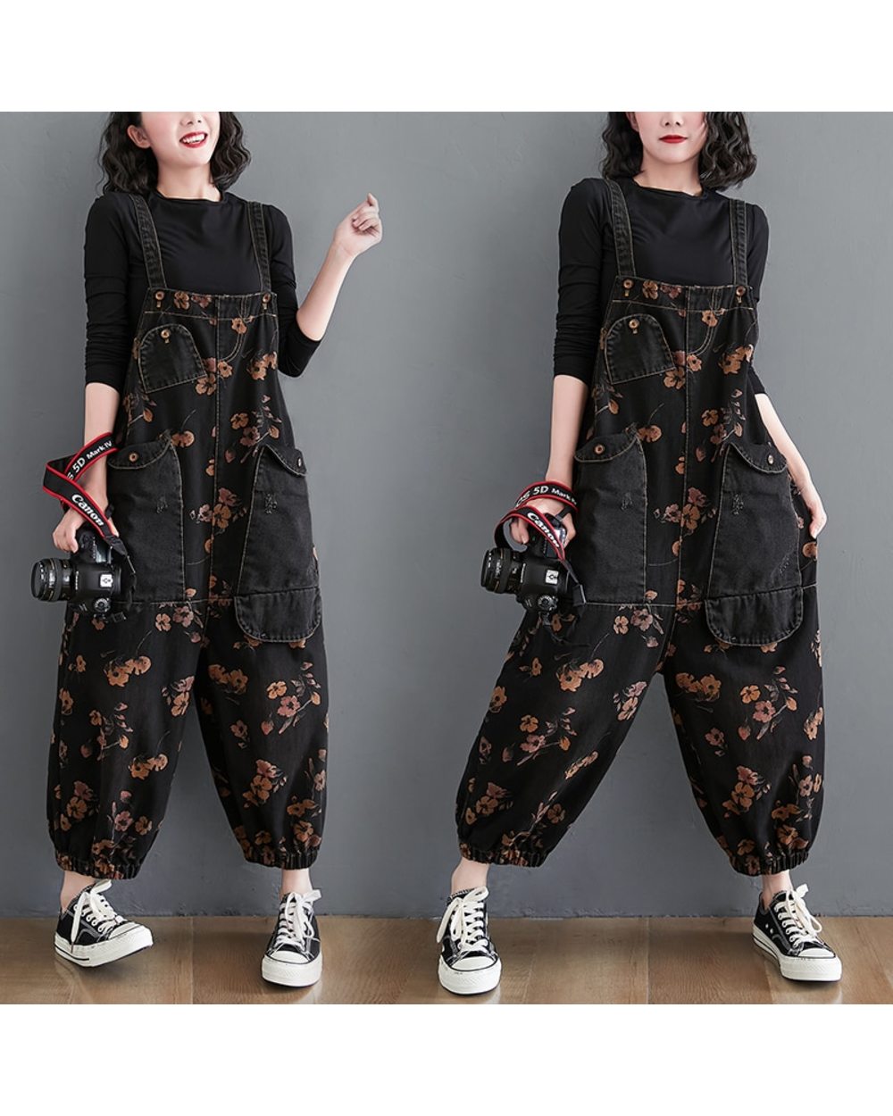 Loose Jeans Black Jumpsuit Women Casual Oversized Baggy Ladies Pants Big Pockets Print Floral Denim Overalls Straps Jean front-0