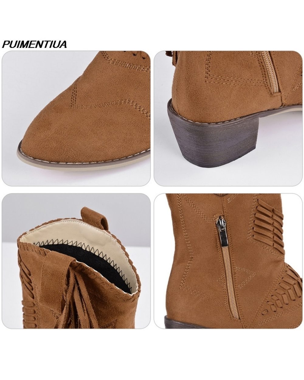 Tassel Western Cowboy Boots for Women Leather Cowgirl Boots Low Heels Shoes Winter Boots VG06 front-1