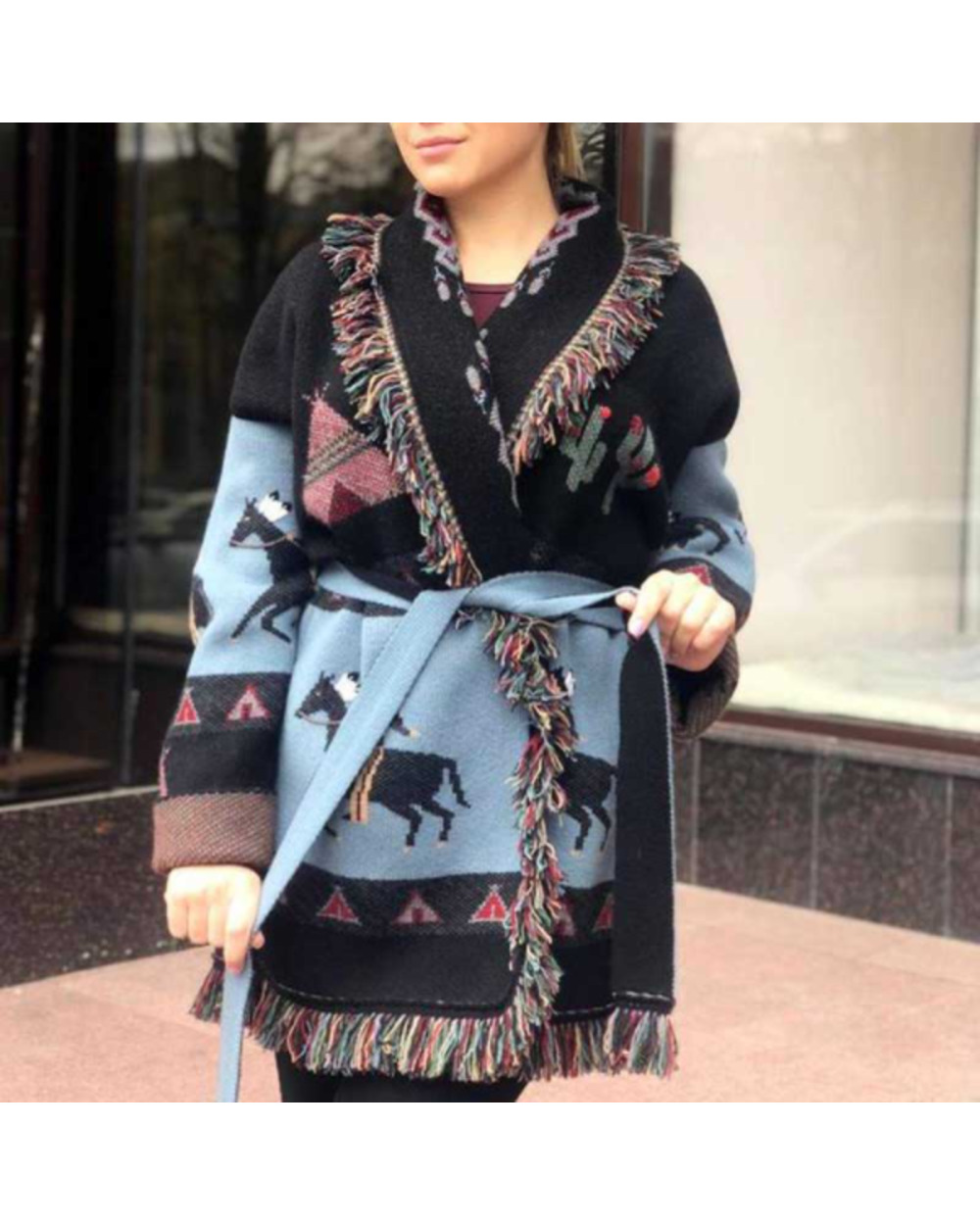 Autumn Winter Sweater Jacket Women Lapel Tassel Jacquard Long Sleeve Cardigan Bohemian Retro Long Sweater Tops VG06 front-5