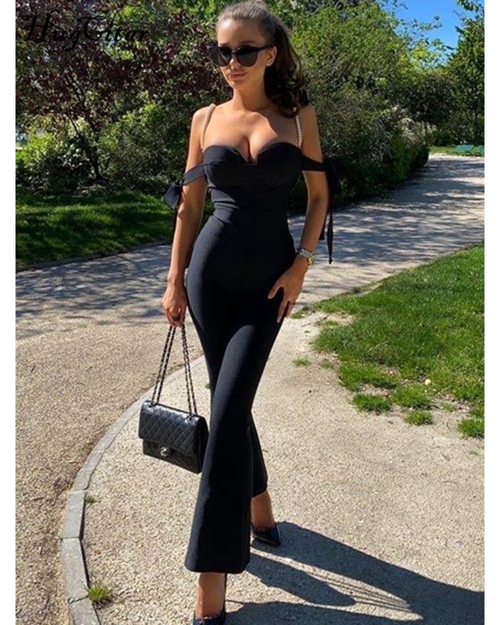 Satin Off Shoulder Pearl Slip Tassel Sleeve Straight Leg Jumpsuit Evening Party Clothing for Women front-2