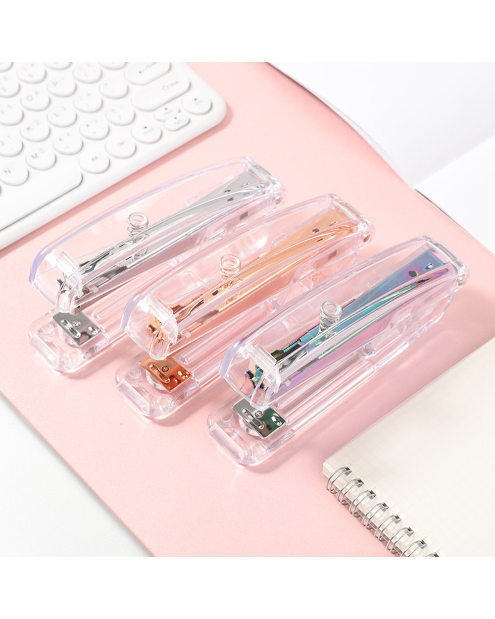 Transparent Ps Rose Gold Stapler Puncher Nail Remover Scissors Office Supplies Bookbinding Staple Remover Hole Punch Sc front-1
