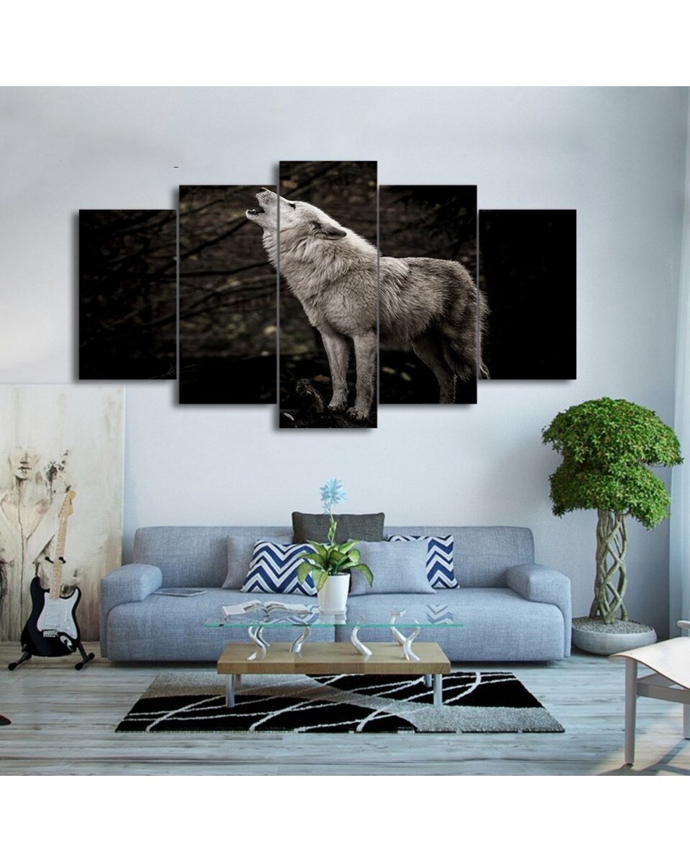 Howling White Wolf Abstract Painting Animal 5 Panel Canvas Art Wall Decor front-0