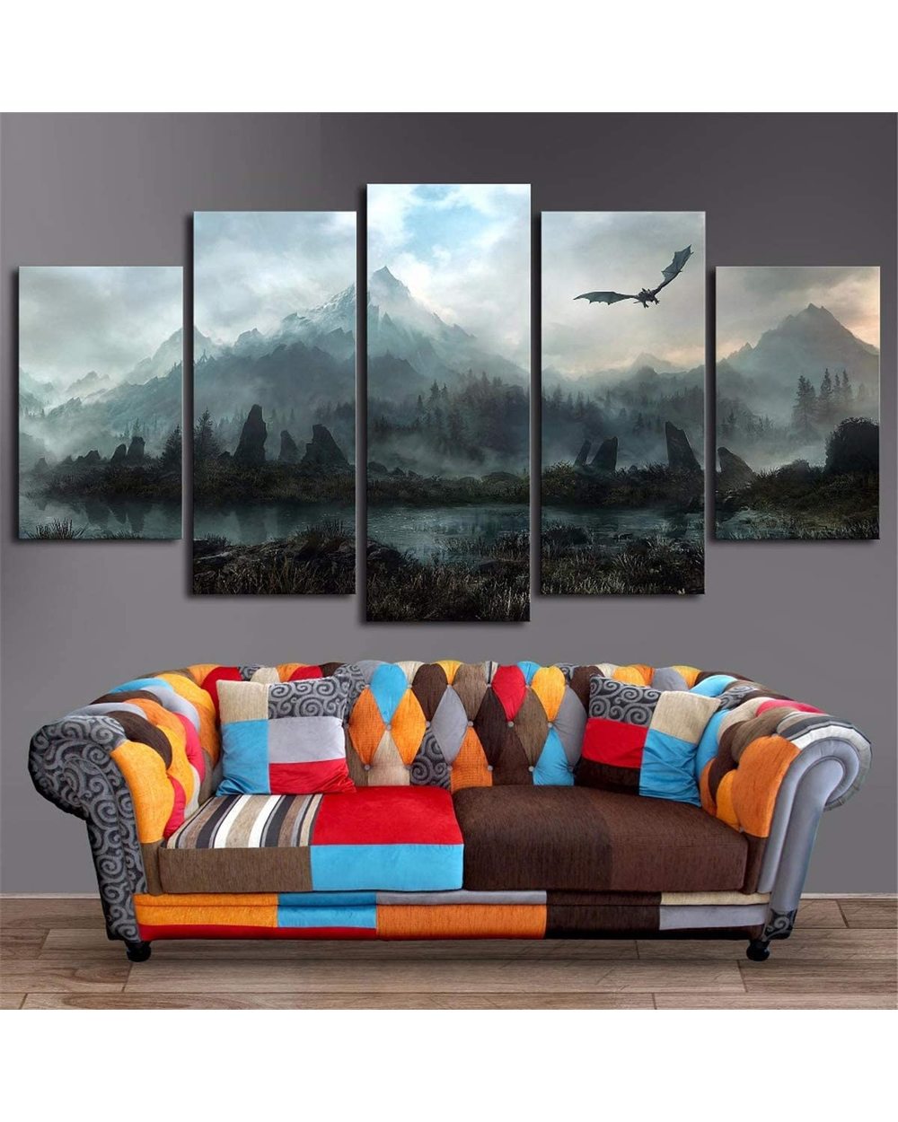 Game Landscape Poster Dragon And Mountains Picture Print Game 5 Panel Canvas Art Wall Decor front-1