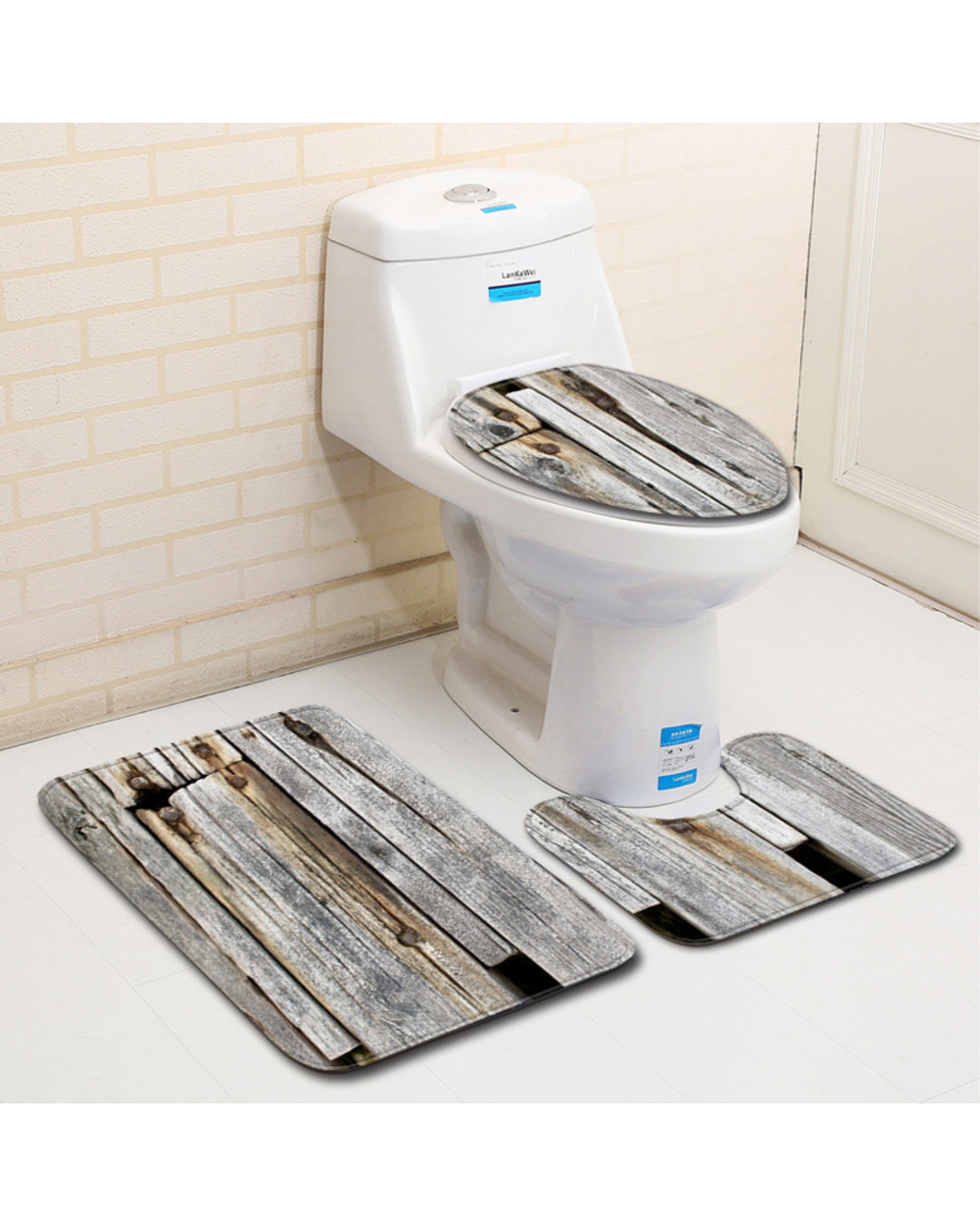 Zeegle 3Pcs Carpet For Bathroom Wood Printed Bath Mat 3Pcs Mats For Toilet Absorbent Bath Rugs Toilet Lid Cover Doormats front-4