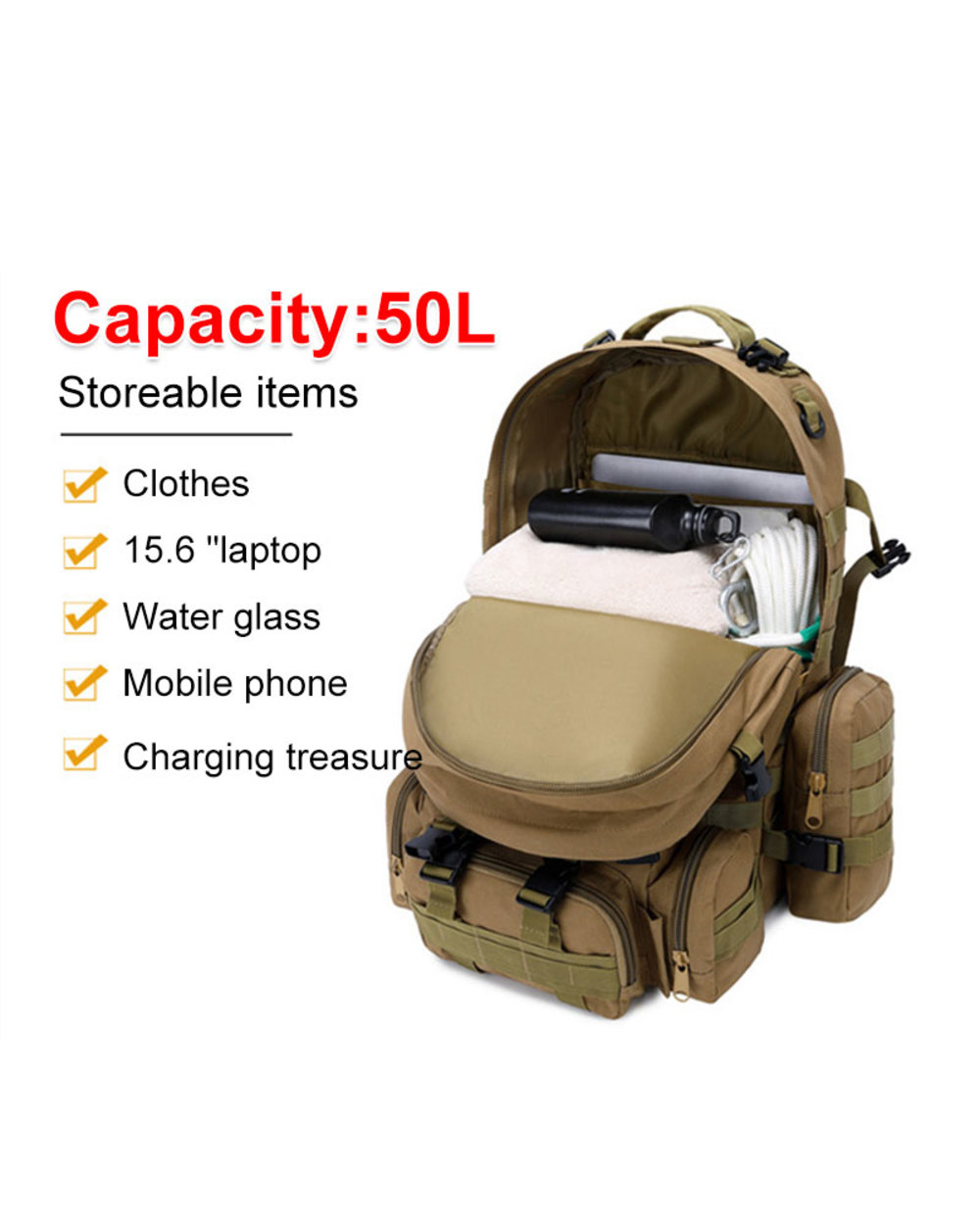 1000D 50L Nylon Waterproof Trekking Fishing Hunting Bag Backpack Outdoor Military Rucksacks Tactical Sports Camping Hik front-1