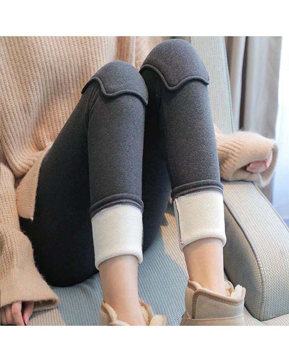 Women's Winter Warm Leggings Skinny Slim Stretch Knee Stitching Knitted Thick Jeggings Solid front-1