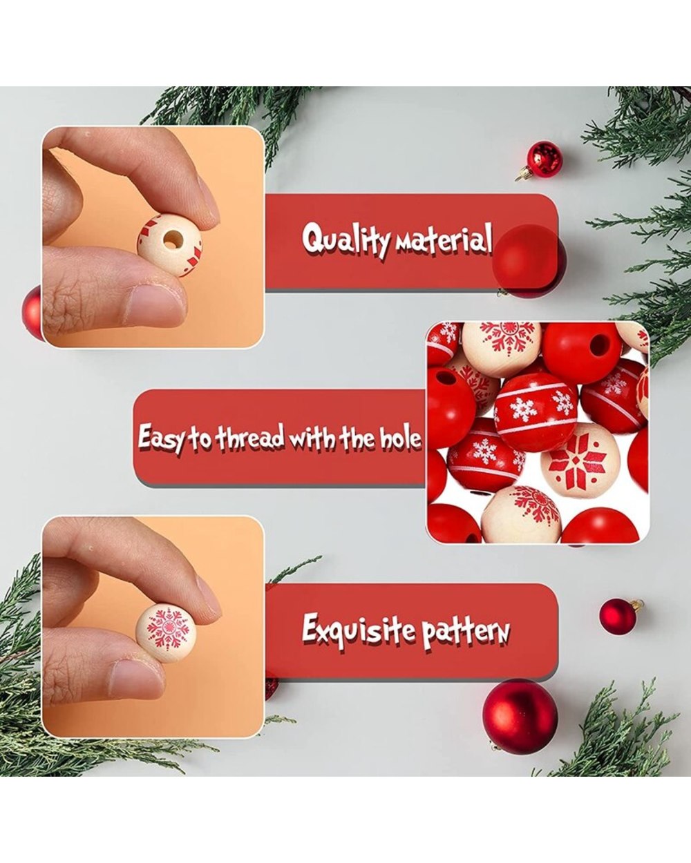 Set 120Pcs DIY Christmas Snowflake Wooden Bead Wood Round Bead with Rope Polished Spacer Bead Wood Ball Ornaments front-4