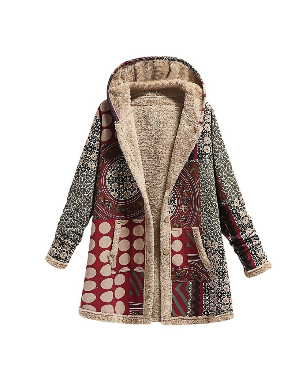 Winter Vintage Women Coat Warm Printing Thick Fleece Hooded Long Jacket with Pocket Ladies Outwear Loose Coat front-3