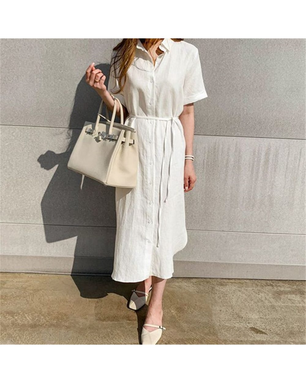Women Summer Shirt Dress Casual 3 Colors Loose Fashionable Split Lace Up Cotton and Linen Long Dress front-2