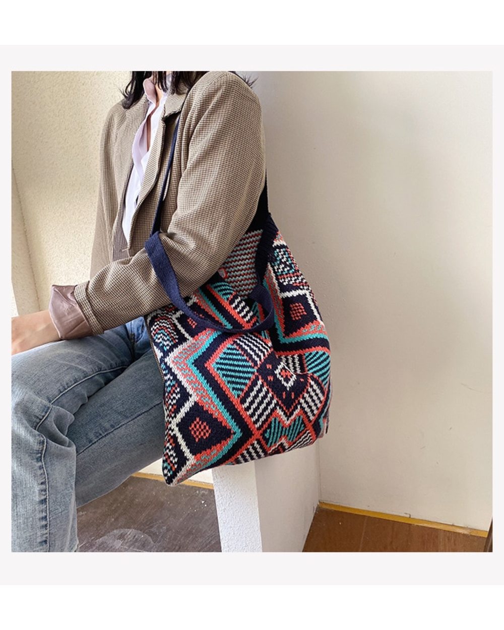 Tote Bag Lady Knitting Gypsy Bohemian Boho Chic Aztec VG06 front-1
