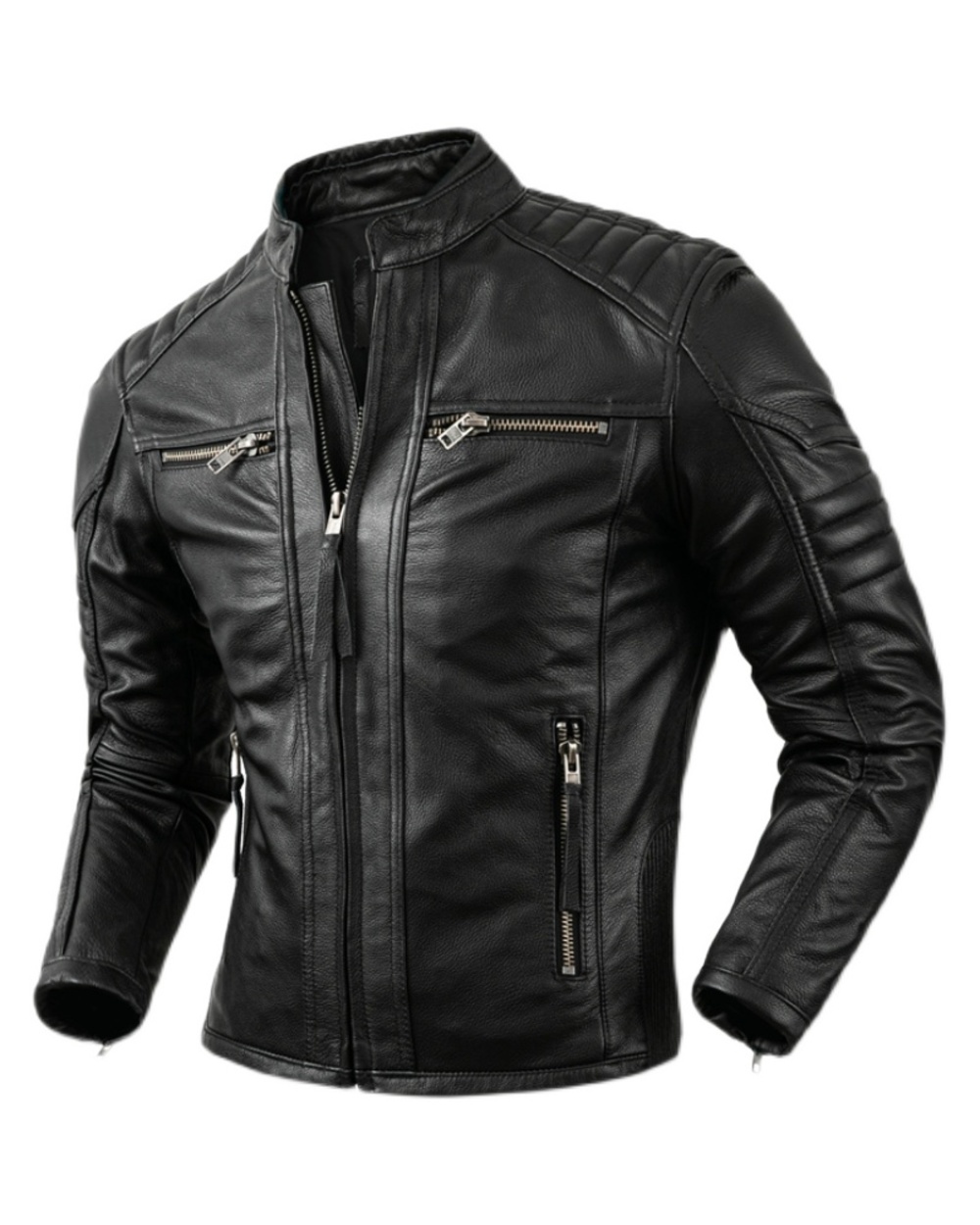 Motorcycle Causal Vintage Leather Coat Men Autumn Outfit Fashion Biker Pocket Design Top Layer Cow Leather Jacket front-3