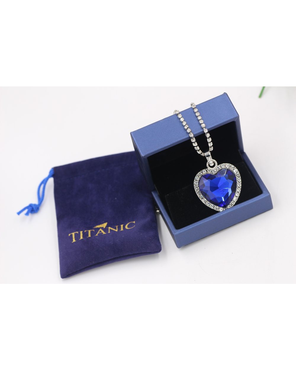 Titanic Heart of Ocean Blue Heart Pendant Necklace + Velvet Bag Love Forever Jewelry front-2