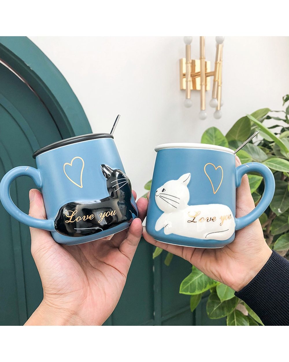 Cat Cups Couple Ceramic Mugs with lid spoon Married Couples Morning Mug Milk Coffee Tea Valentines Day front-0