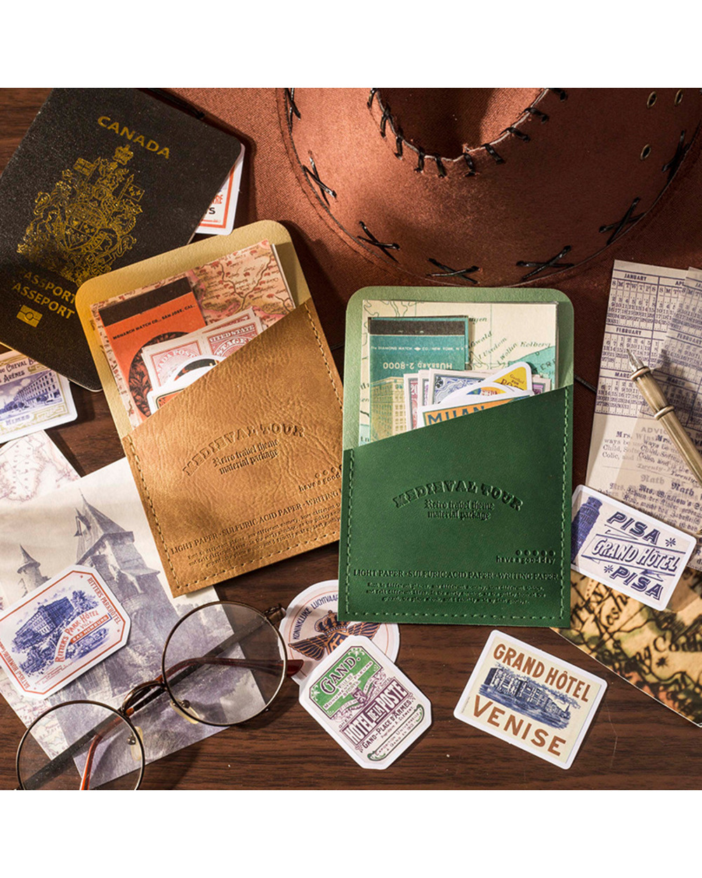 30 Pcs Vintage Medieval Tour Scrapbooking Material Paper And Sticker Set With Leather Pack For Diy Crafts Journaling Su front-2