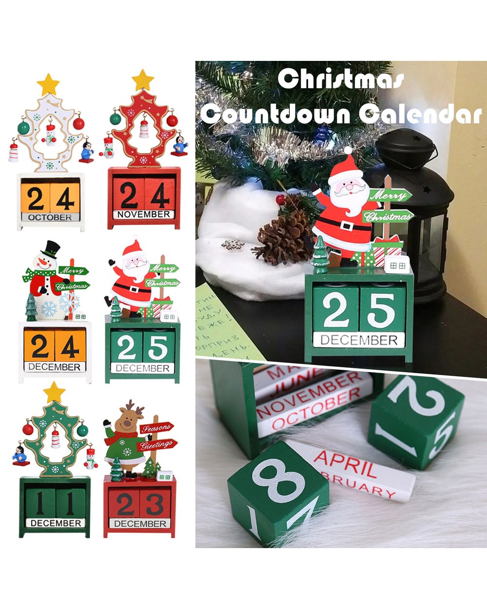 Christmas Retro Calendar Decoration Wooden Block Snowman Santa Claus Home Decor Holiday Party Ornaments Xmas Gifts front-1