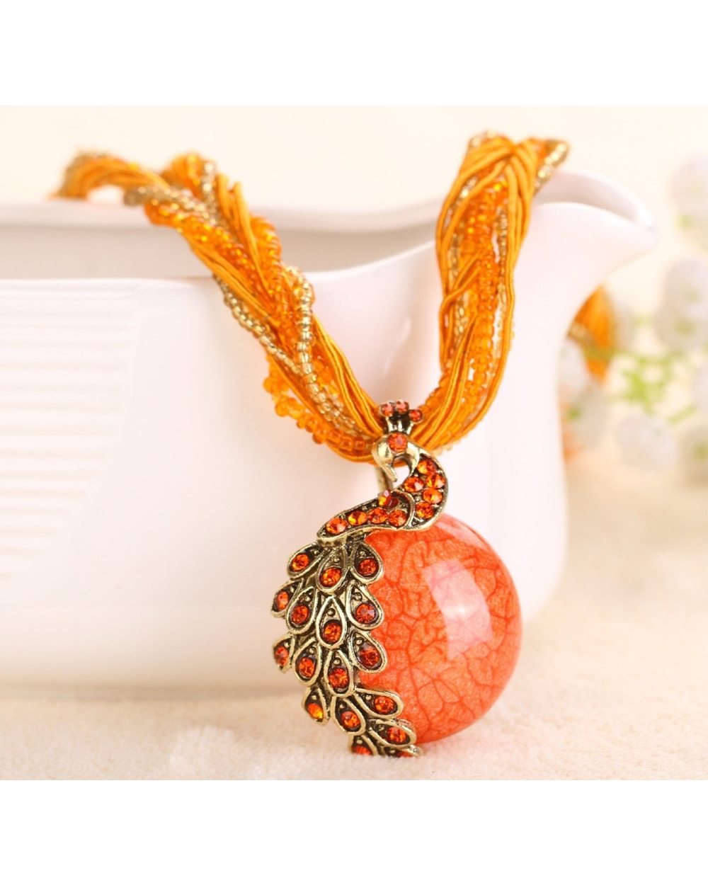 Boho Ethnic Jewelry choker Handmade Pendant Necklace Natural Stone Bead Peacock statement Maxi Necklace front-4