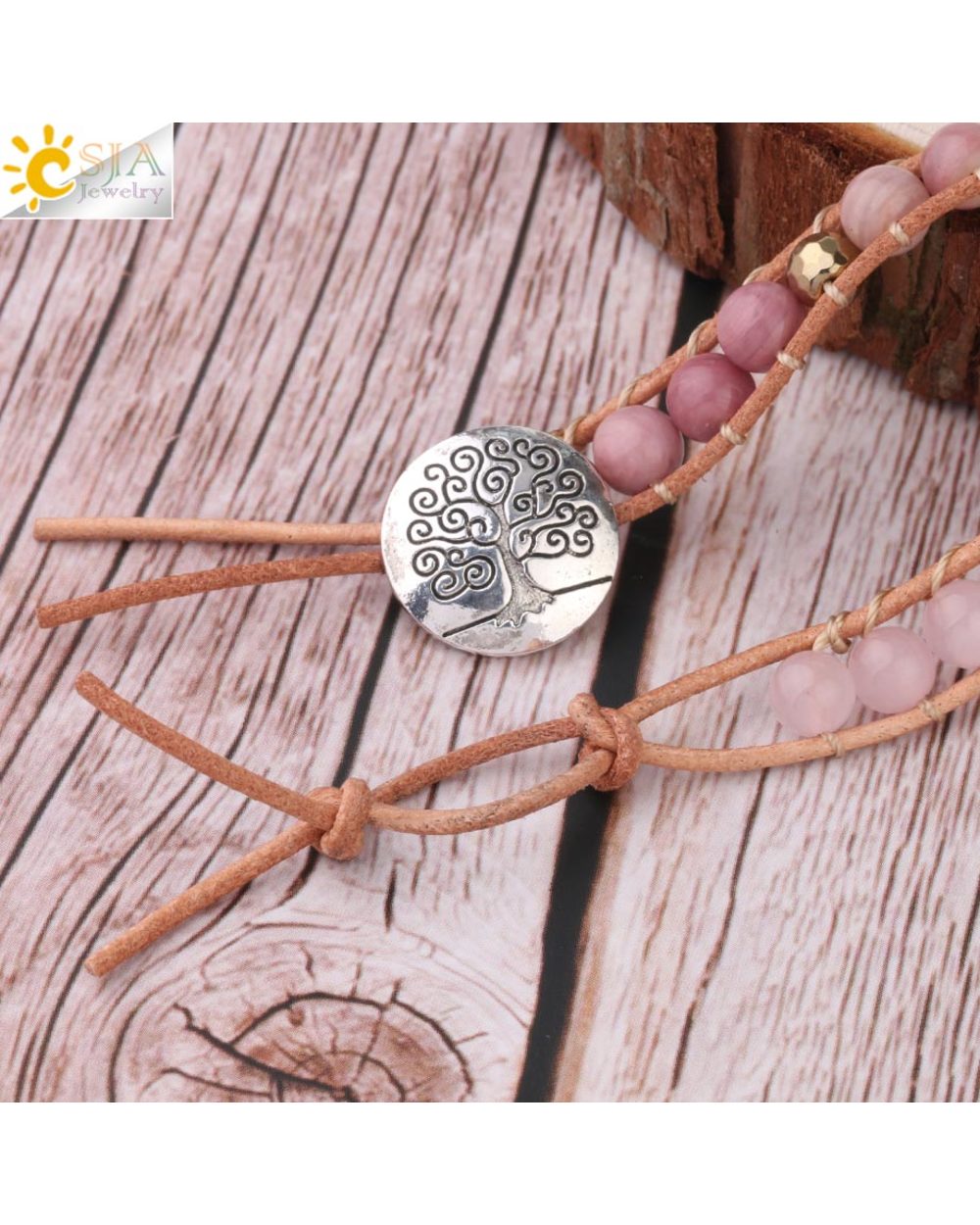 CSJA Natural Stone Bracelet Pink Quartz Leather Wrap Bracelets for Women Rose Gems Crystal Beads Bohemia Jewelry 5 front-4