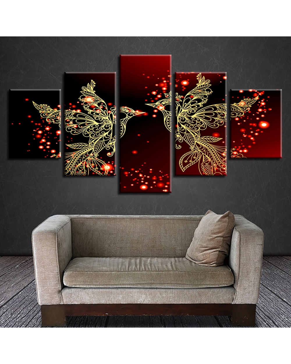 Red And Gold Love Birds Picture Print Abstract 5 Panel Canvas Art Wall Decor front-1