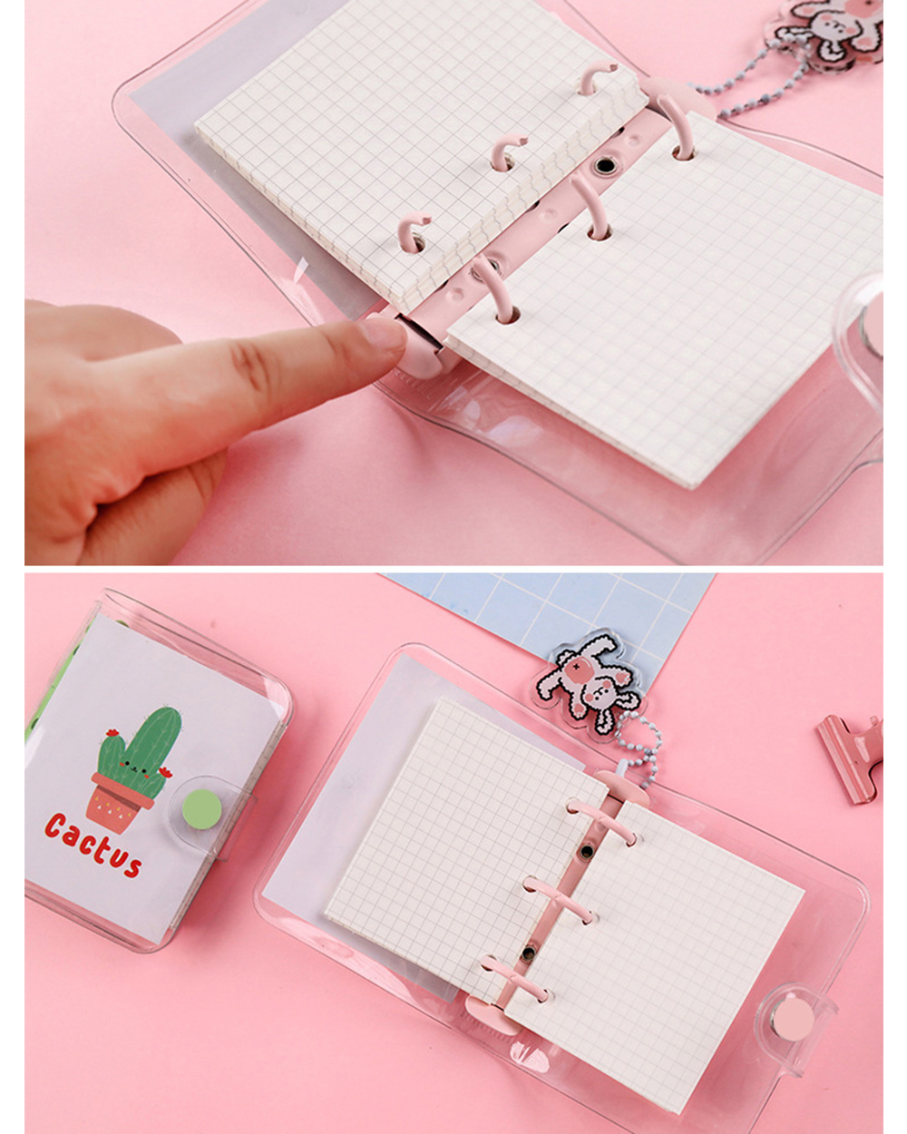 Transparent 3 Ring Mini Loose-Leaf Notebook Student Portable Hand Book Ring Binder School Supplies Stationery front-5