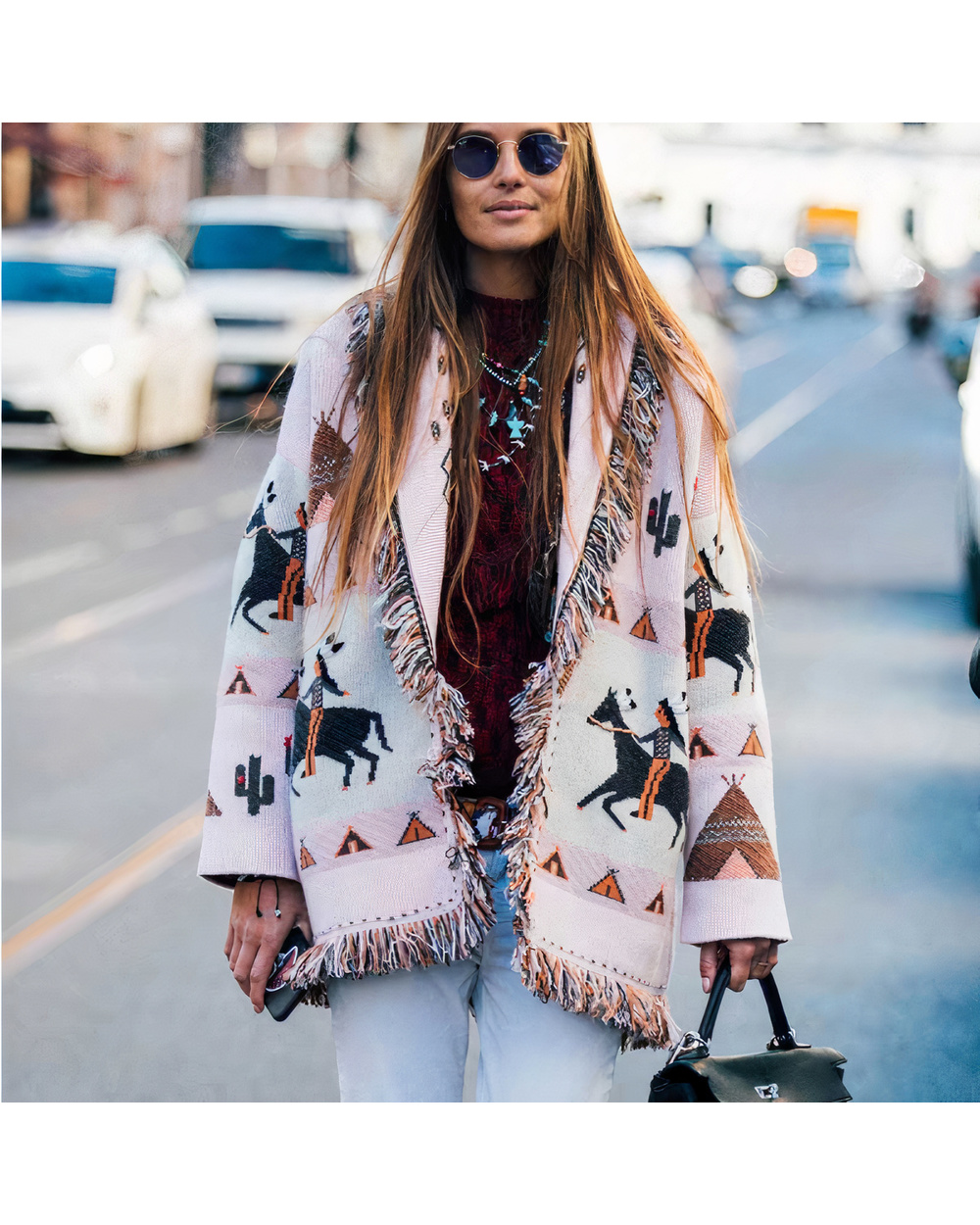 Autumn Winter Sweater Jacket Women Lapel Tassel Jacquard Long Sleeve Cardigan Bohemian Retro Long Sweater Tops VG06 front-0