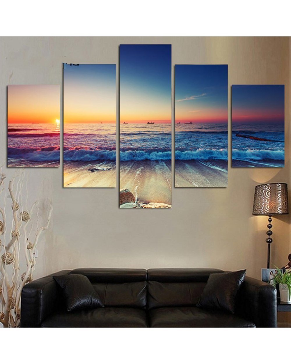 Sunset Beach Landscape Picture Print Scenery 5 Panel Canvas Art Wall Decor front-0