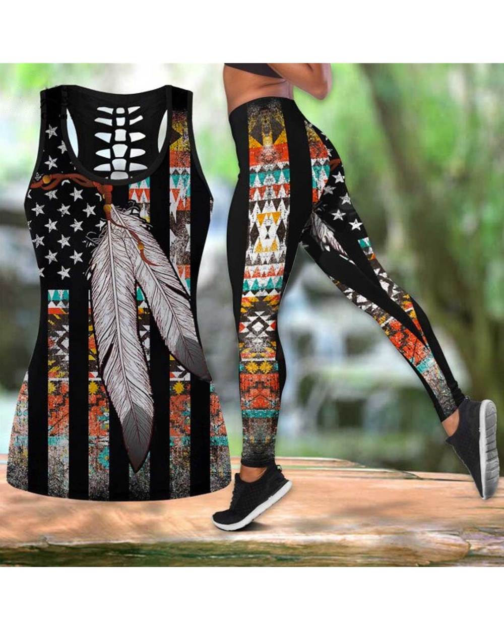 Workout Pants Geometric feather 3D Printed Hollow Tanktop sexy Yoga Retro Suit Fitness Soft Legging VG06 front-0