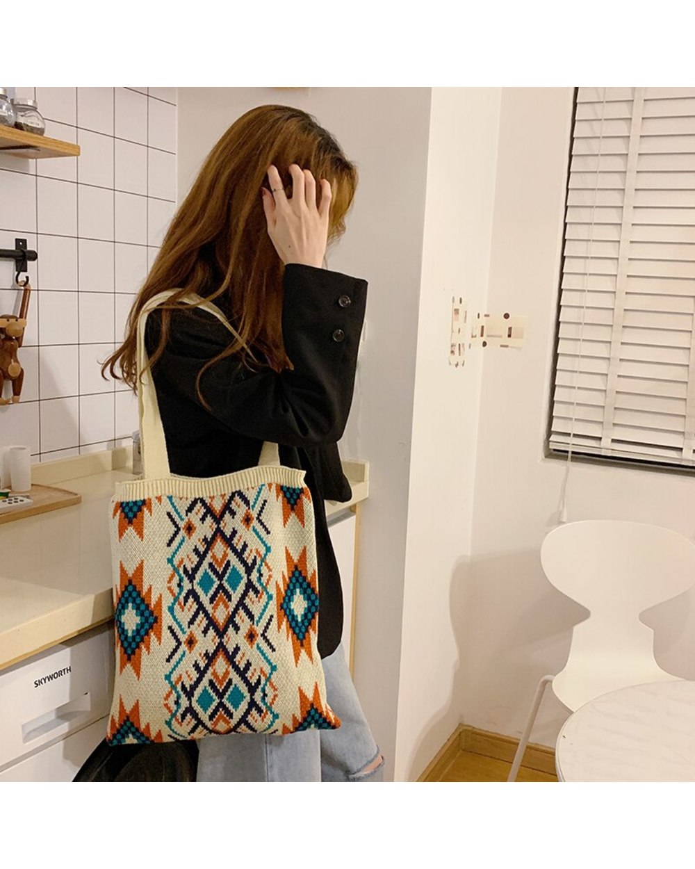 Weave Women Casual Bag Retro Pattern Boho Chic Female Tote Bag Crochet Daily Handbag front-2